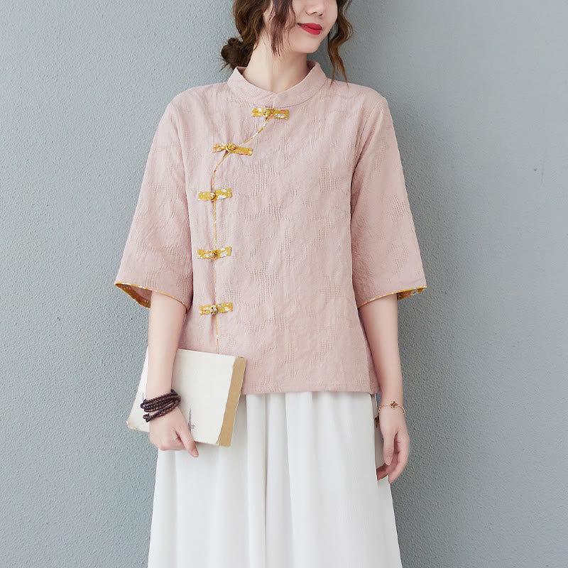 Camisa de lino y algodón con media manga y botones de rana con estampado floral de Buddha Stones - Rosa claro - 2XL(apto para US8-10; UK/AU12-14; UE 40-42) - image 0