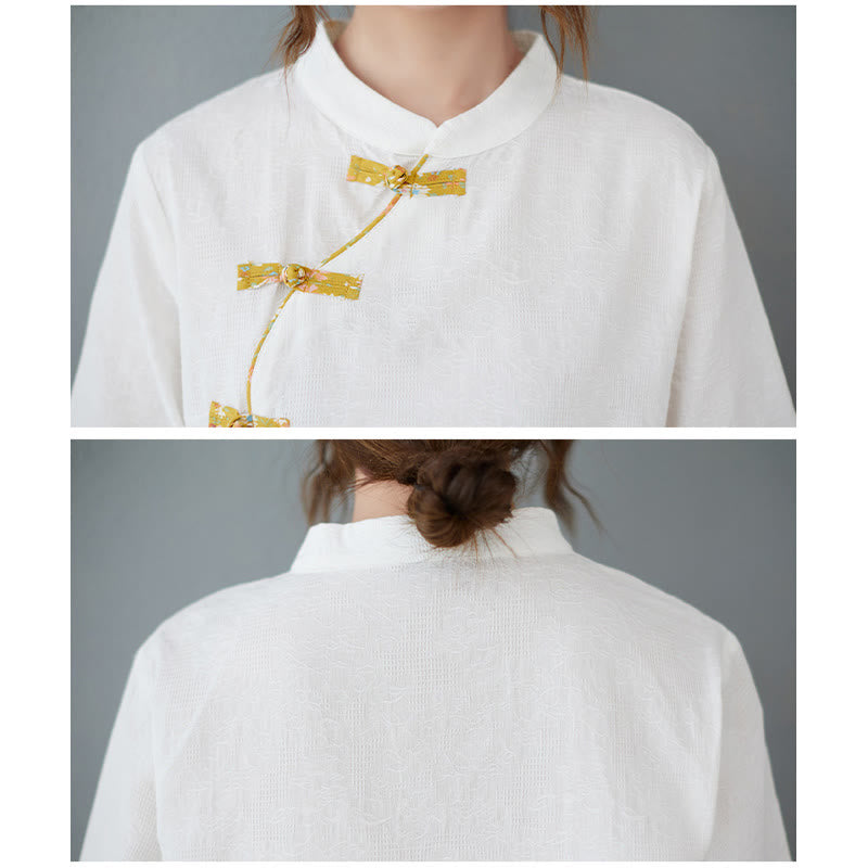 Camisa de lino y algodón con media manga y botones de rana con estampado floral de Buddha Stones - image 4