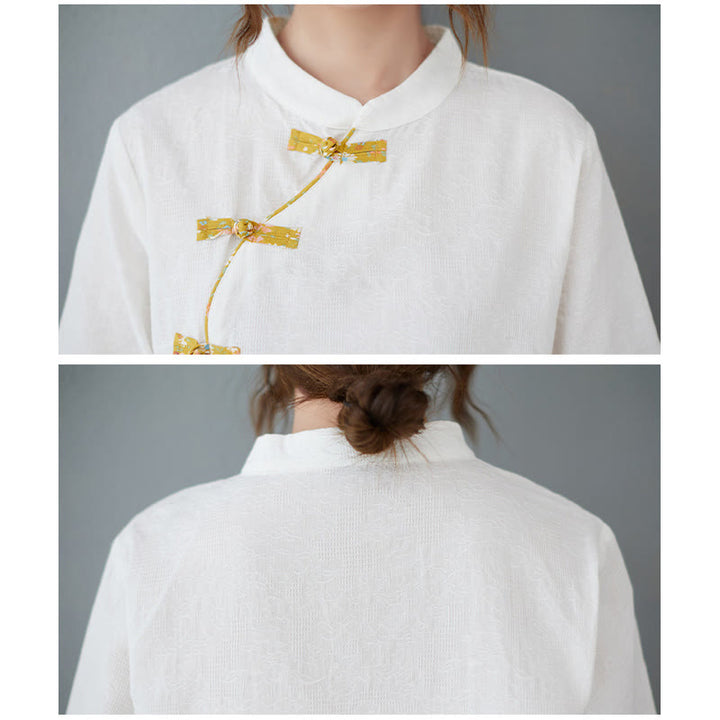 Camisa de lino y algodón con media manga y botones de rana con estampado floral de Buddha Stones - image 4