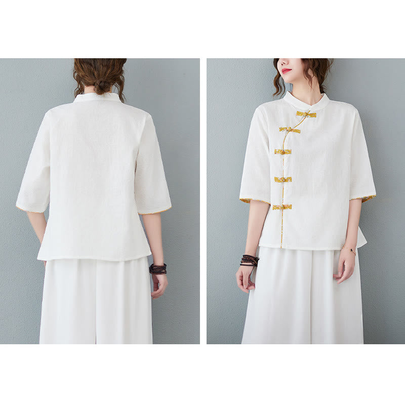 Camisa de lino y algodón con media manga y botones de rana con estampado floral de Buddha Stones - image 6