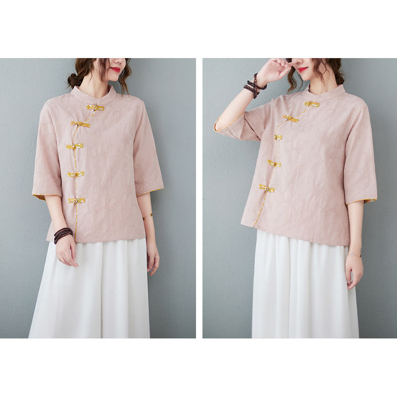 Camisa de lino y algodón con media manga y botones de rana con estampado floral de Buddha Stones - image 1