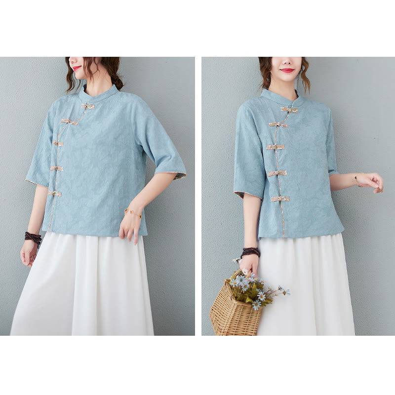 Camisa de lino y algodón con media manga y botones de rana con estampado floral de Buddha Stones - image 9