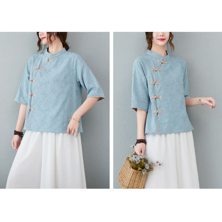 Camisa de lino y algodón con media manga y botones de rana con estampado floral de Buddha Stones - image 9