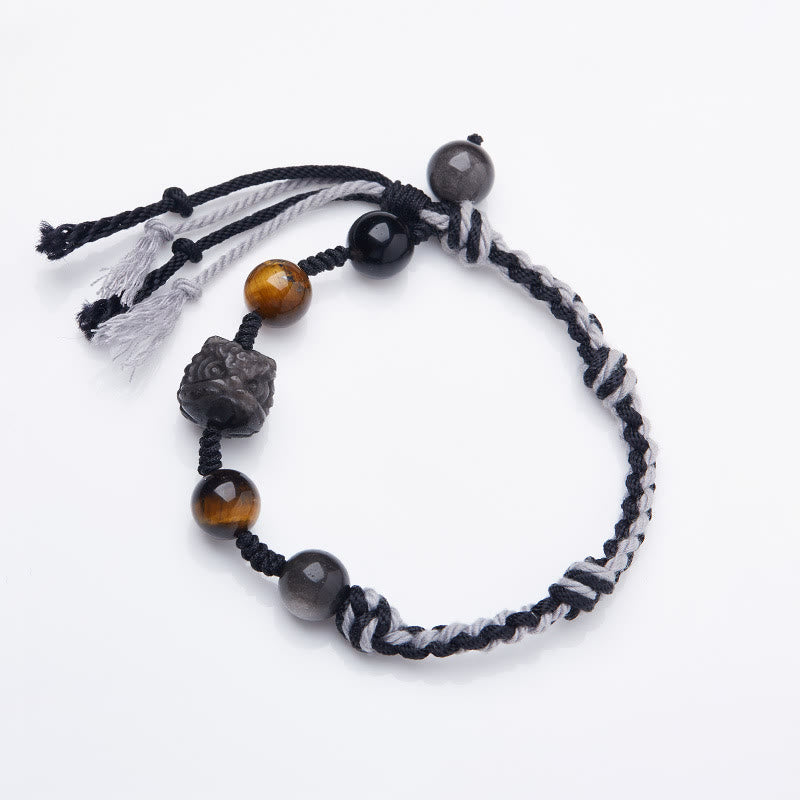 Pulsera de cuerda de protección para ojos de tigre, obsidiana, fluorita natural, amatista, plata brillante, Buddha Stones