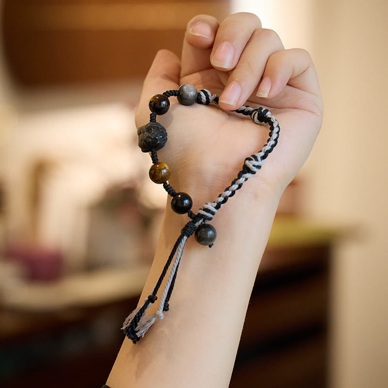 Pulsera de cuerda de protección para ojos de tigre, obsidiana, fluorita natural, amatista, plata brillante, Buddha Stones