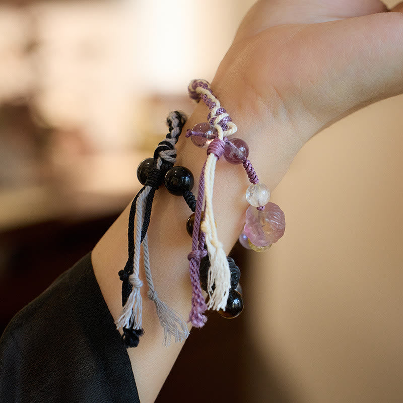 Pulsera de cuerda de protección para ojos de tigre, obsidiana, fluorita natural, amatista, plata brillante, Buddha Stones