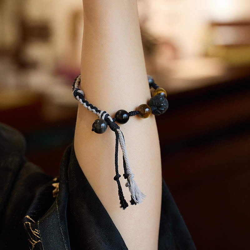 Pulsera de cuerda de protección para ojos de tigre, obsidiana, fluorita natural, amatista, plata brillante, Buddha Stones