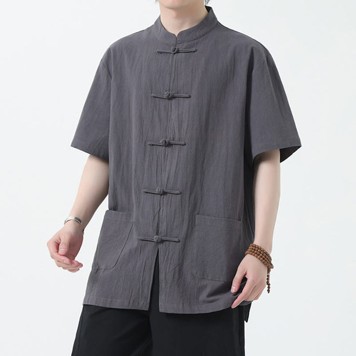 Buddha Stones Botón de Rana Traje Chino Camisa de Manga Corta Ropa de Lino para Hombres con Bolsillos - Gris - US/UK/AU46, EU56 (5XL) - image 13