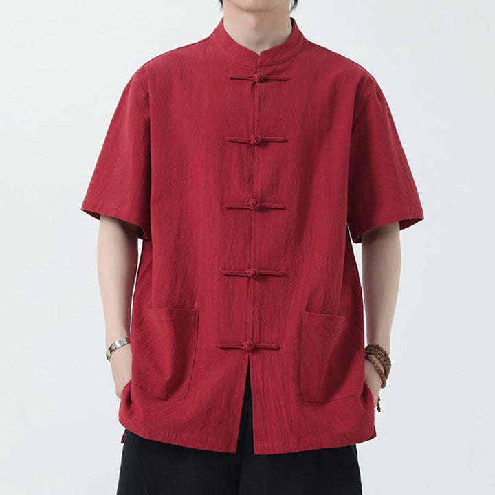 Buddha Stones Botón de Rana Traje Chino Camisa de Manga Corta Ropa de Lino para Hombres con Bolsillos - Rojo - US/UK/AU46, EU56 (5XL) - image 1