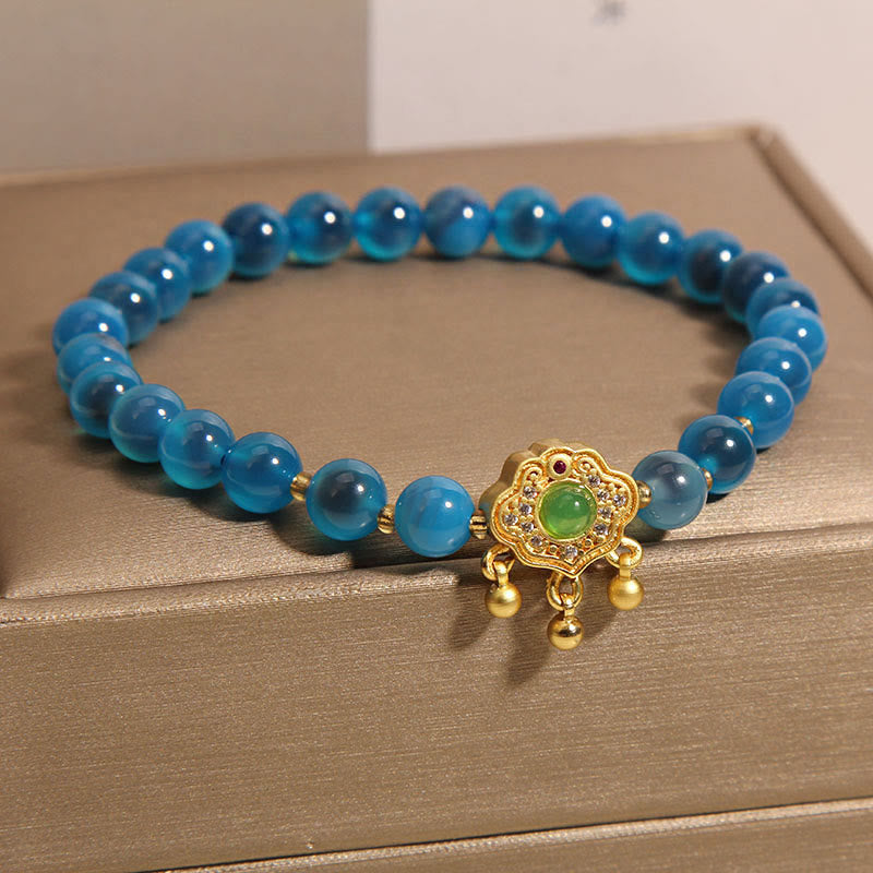 Pulsera curativa con dije de cerradura china de ágata azul caramelo con Buddha Stones
