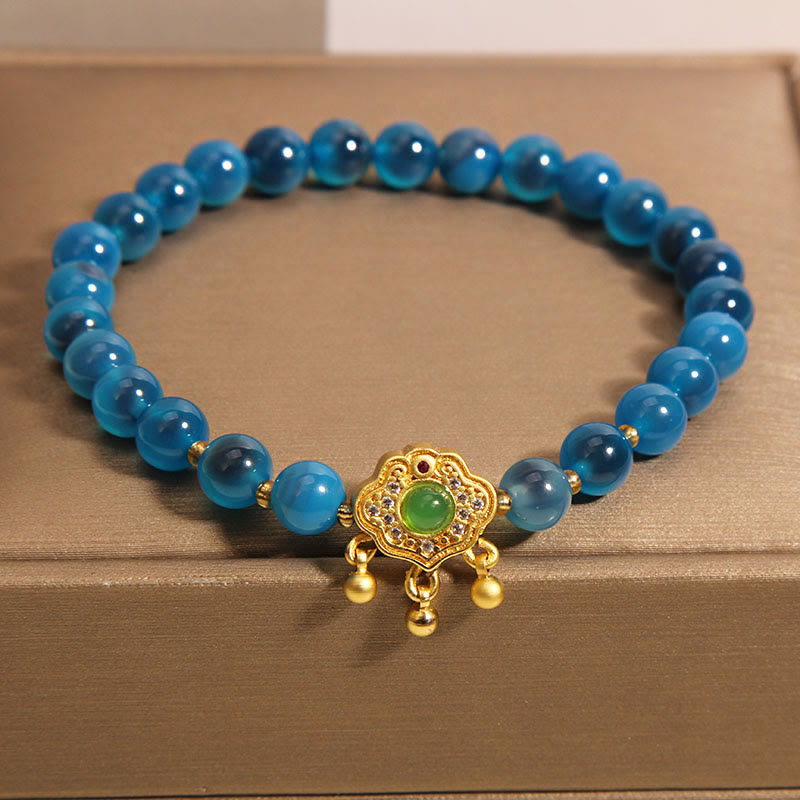 Pulsera curativa con dije de cerradura china de ágata azul caramelo con Buddha Stones