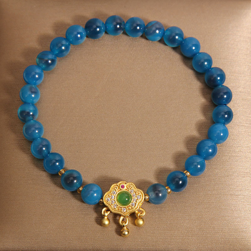 Pulsera curativa con dije de cerradura china de ágata azul caramelo con Buddha Stones