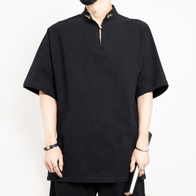 Traje Tang chino con Buddha Stones , camisa de media manga bordada, ropa de lino para hombre