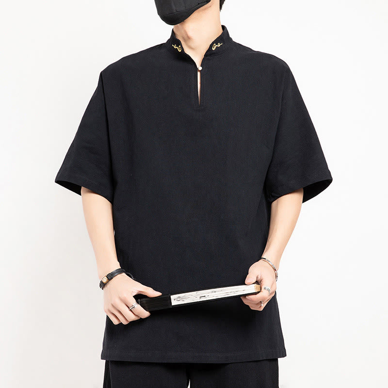 Traje Tang chino con Buddha Stones , camisa de media manga bordada, ropa de lino para hombre