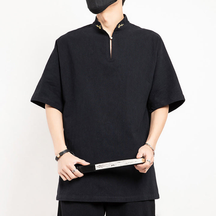 Traje Tang chino con Buddha Stones , camisa de media manga bordada, ropa de lino para hombre