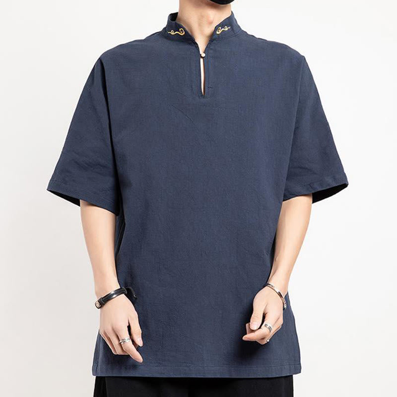 Traje Tang chino con Buddha Stones , camisa de media manga bordada, ropa de lino para hombre