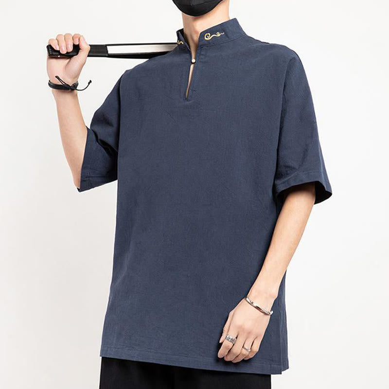 Traje Tang chino con Buddha Stones , camisa de media manga bordada, ropa de lino para hombre