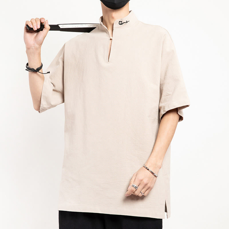 Traje Tang chino con Buddha Stones , camisa de media manga bordada, ropa de lino para hombre