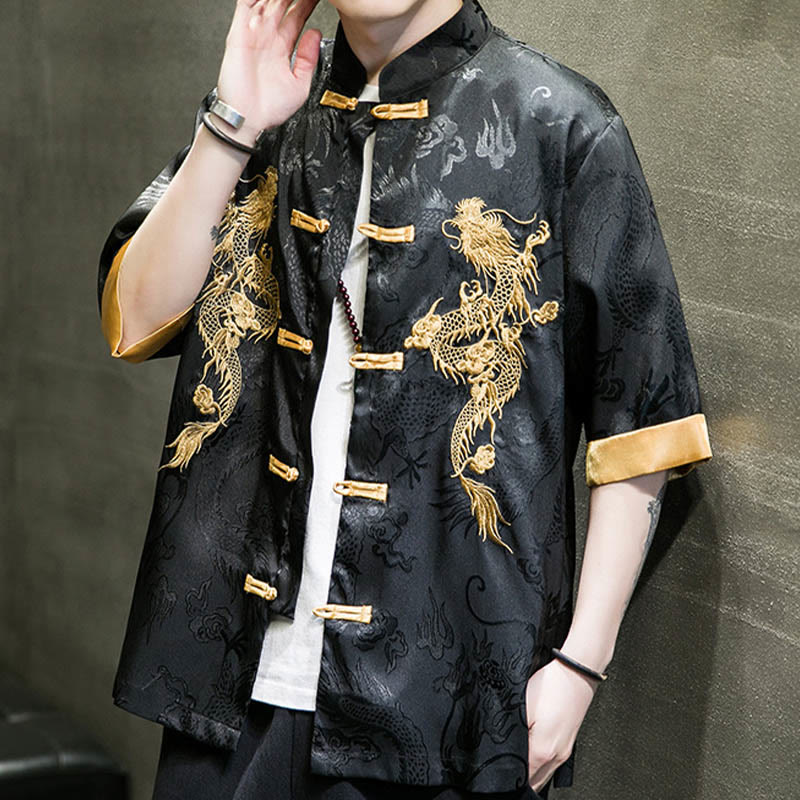 Camisa de media manga con bordado de dragón chino con botones de Buddha Stones , ropa de lino para hombre - image 7