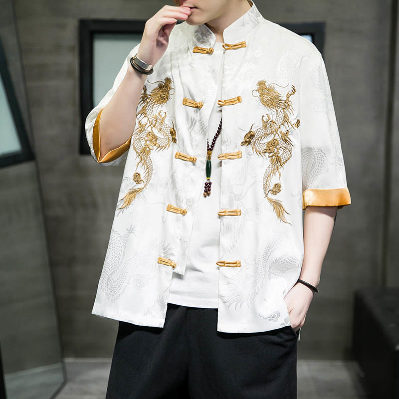 Camisa de media manga con bordado de dragón chino con botones de Buddha Stones , ropa de lino para hombre - Blanco - US/UK/AU48,EU58(5XL)  - image 11