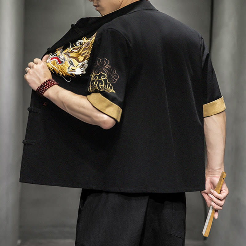 Camisa de media manga con bordado de nubes para hombre, ropa de lino y algodón, con botones de Buddha Stones , dragón chino - image 2