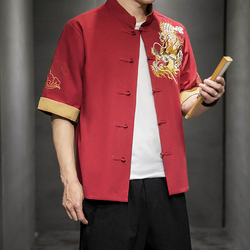 Camisa de media manga con bordado de nubes para hombre, ropa de lino y algodón, con botones de Buddha Stones , dragón chino - image 15