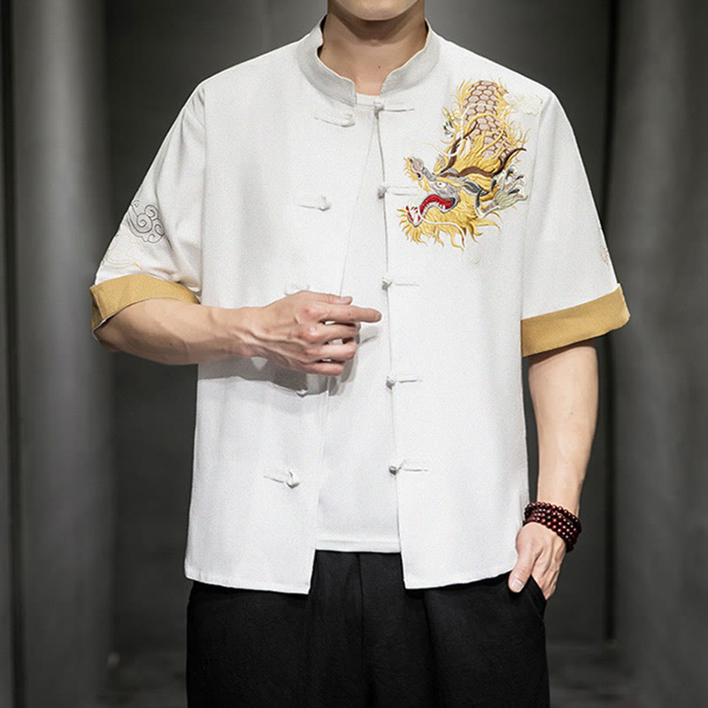 Camisa de media manga con bordado de nubes para hombre, ropa de lino y algodón, con botones de Buddha Stones , dragón chino - image 23