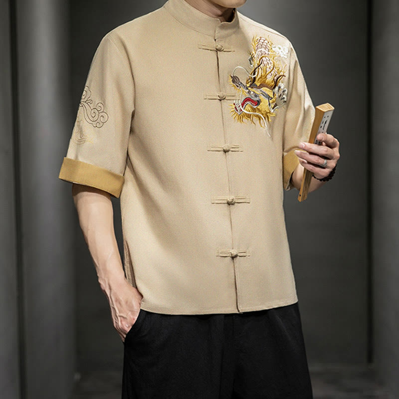 Camisa de media manga con bordado de nubes para hombre, ropa de lino y algodón, con botones de Buddha Stones , dragón chino - image 30