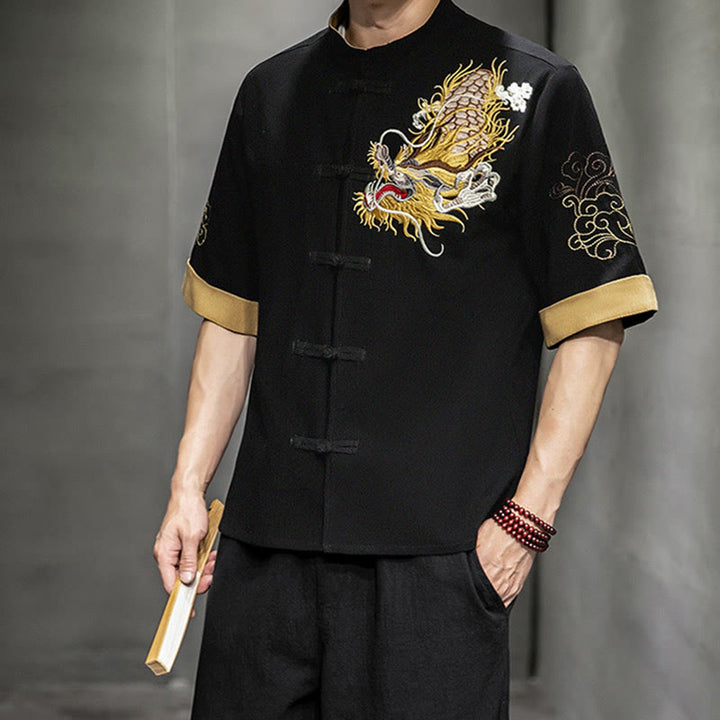 Camisa de media manga con bordado de nubes para hombre, ropa de lino y algodón, con botones de Buddha Stones , dragón chino - image 6