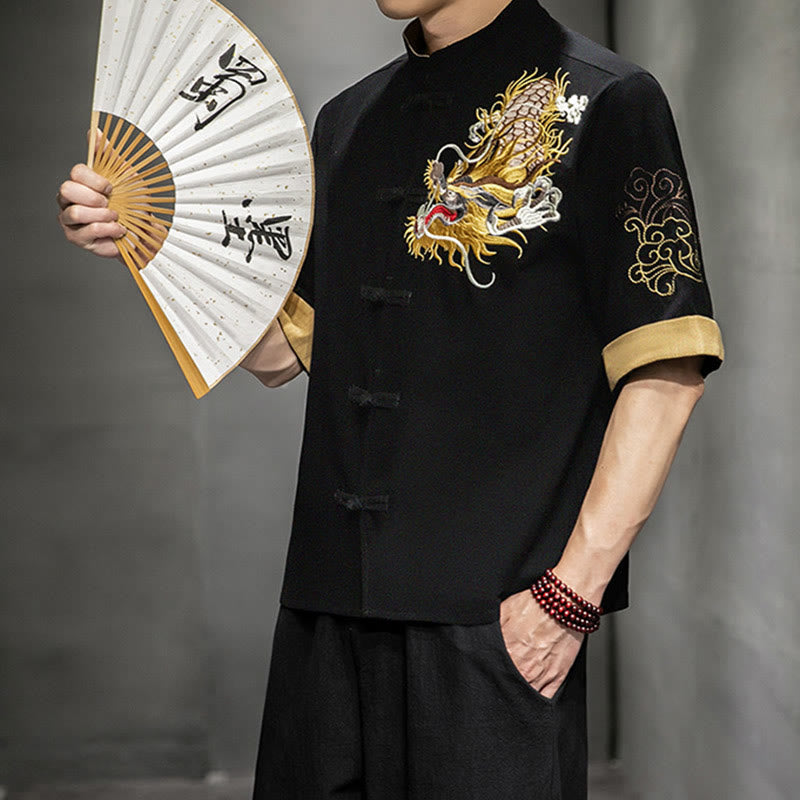 Camisa de media manga con bordado de nubes para hombre, ropa de lino y algodón, con botones de Buddha Stones , dragón chino - image 4