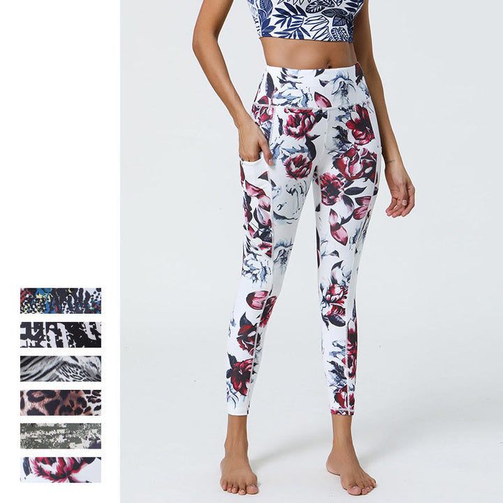 Buddha Stones Rose Lines Tiger Leopard Print Deportes Fitness Leggings de cintura alta Pantalones de yoga para mujer con bolsillos