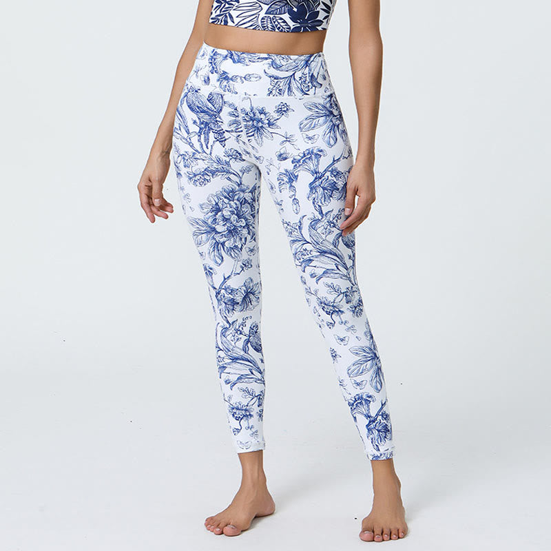Pantalones de yoga para mujer con estampado de Buddha Stones, flores, hojas, dientes de león, piñas, deportivos, Fitness, cintura alta - Flores de color azul claro - US12,UK/AU16,EU44 (XL) - image 1