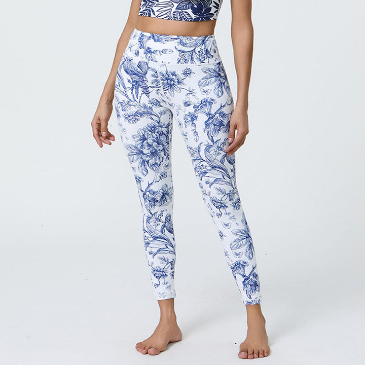 Pantalones de yoga para mujer con estampado de Buddha Stones, flores, hojas, dientes de león, piñas, deportivos, Fitness, cintura alta - Flores de color azul claro - US12,UK/AU16,EU44 (XL) - image 1