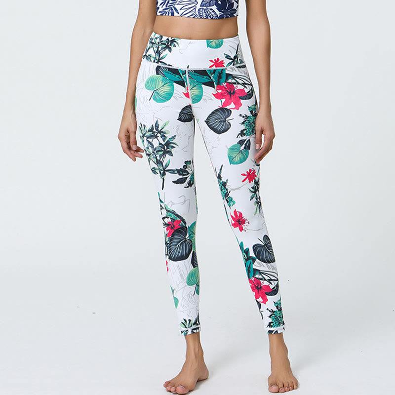 Pantalones de yoga para mujer con estampado de Buddha Stones, flores, hojas, dientes de león, piñas, deportivos, Fitness, cintura alta - Flores blancas y verdes y hojas - US12,UK/AU16,EU44 (XL) - image 7