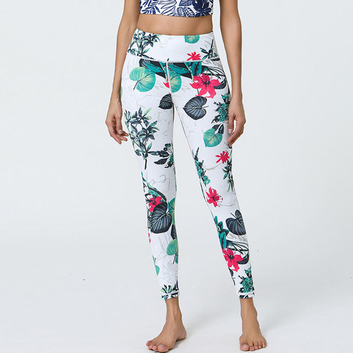 Pantalones de yoga para mujer con estampado de Buddha Stones, flores, hojas, dientes de león, piñas, deportivos, Fitness, cintura alta - Flores blancas y verdes y hojas - US12,UK/AU16,EU44 (XL) - image 7