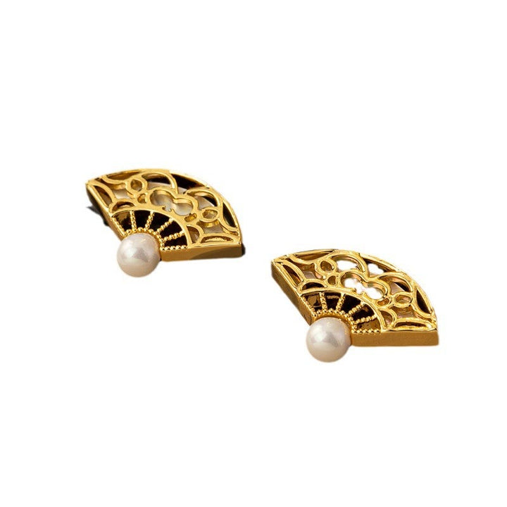 Buddha Stones Pendientes de Gota de Sabiduría de Cobre con Perla y Patrón de Abanico en Plata de Ley 925