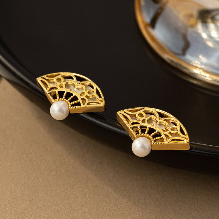 Buddha Stones Pendientes de Gota de Sabiduría de Cobre con Perla y Patrón de Abanico en Plata de Ley 925