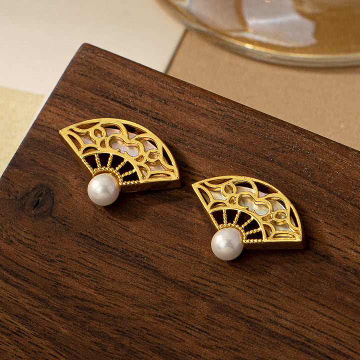 Buddha Stones Pendientes de Gota de Sabiduría de Cobre con Perla y Patrón de Abanico en Plata de Ley 925