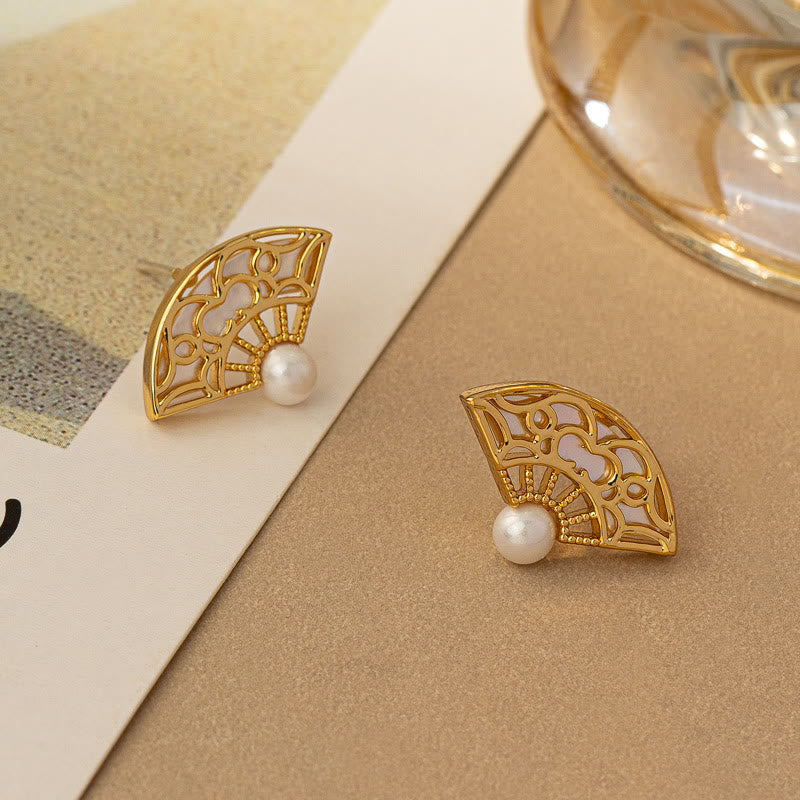 Buddha Stones Pendientes de Gota de Sabiduría de Cobre con Perla y Patrón de Abanico en Plata de Ley 925