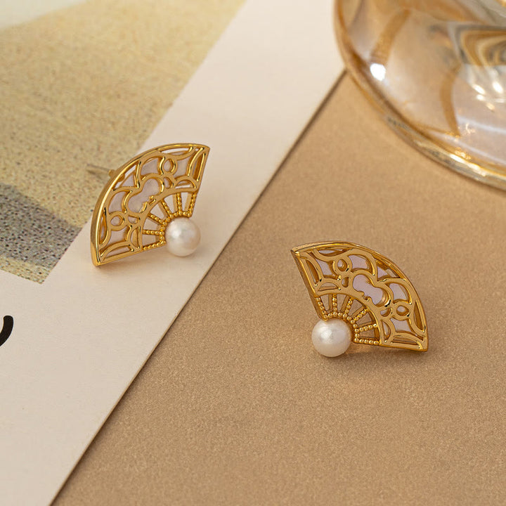 Buddha Stones Pendientes de Gota de Sabiduría de Cobre con Perla y Patrón de Abanico en Plata de Ley 925