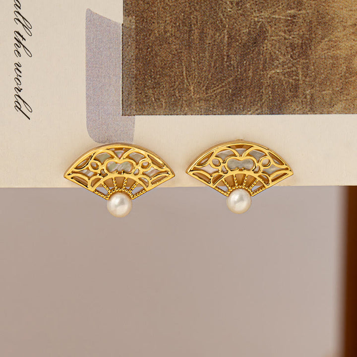 Buddha Stones Pendientes de Gota de Sabiduría de Cobre con Perla y Patrón de Abanico en Plata de Ley 925