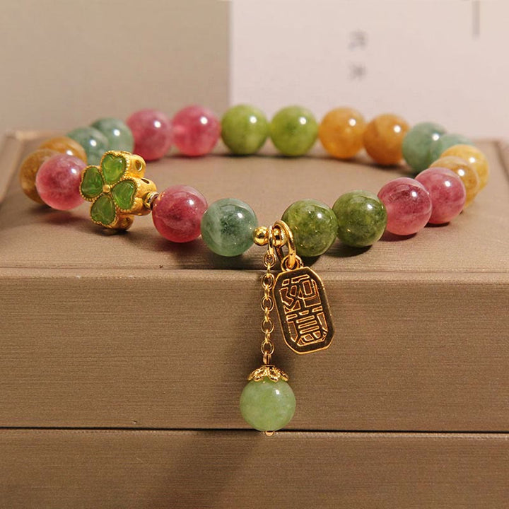 Pulsera Positiva de Trébol de Cuatro Hojas de Jade Turmalina de Colores y Piedras de Buda