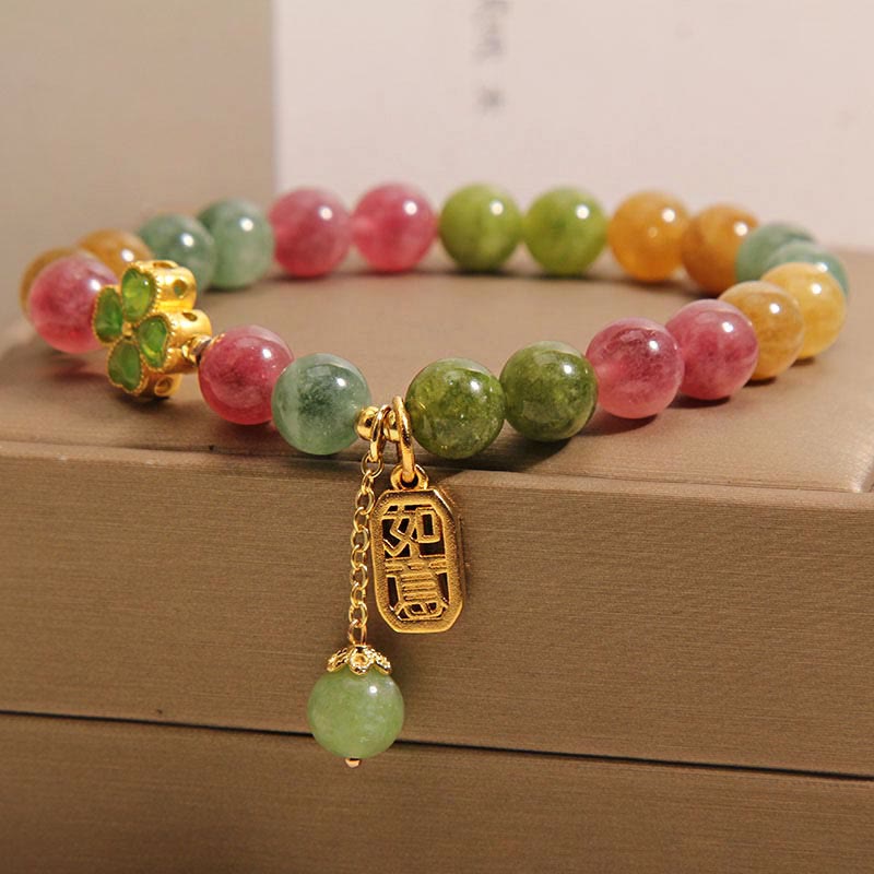 Pulsera Positiva de Trébol de Cuatro Hojas de Jade Turmalina de Colores y Piedras de Buda