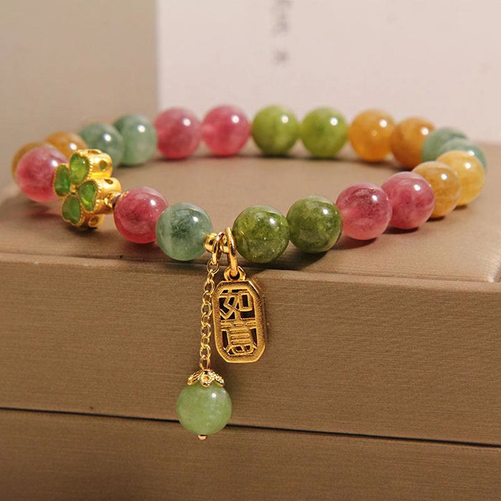 Pulsera Positiva de Trébol de Cuatro Hojas de Jade Turmalina de Colores y Piedras de Buda