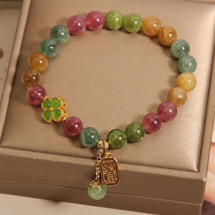 Pulsera Positiva de Trébol de Cuatro Hojas de Jade Turmalina de Colores y Piedras de Buda