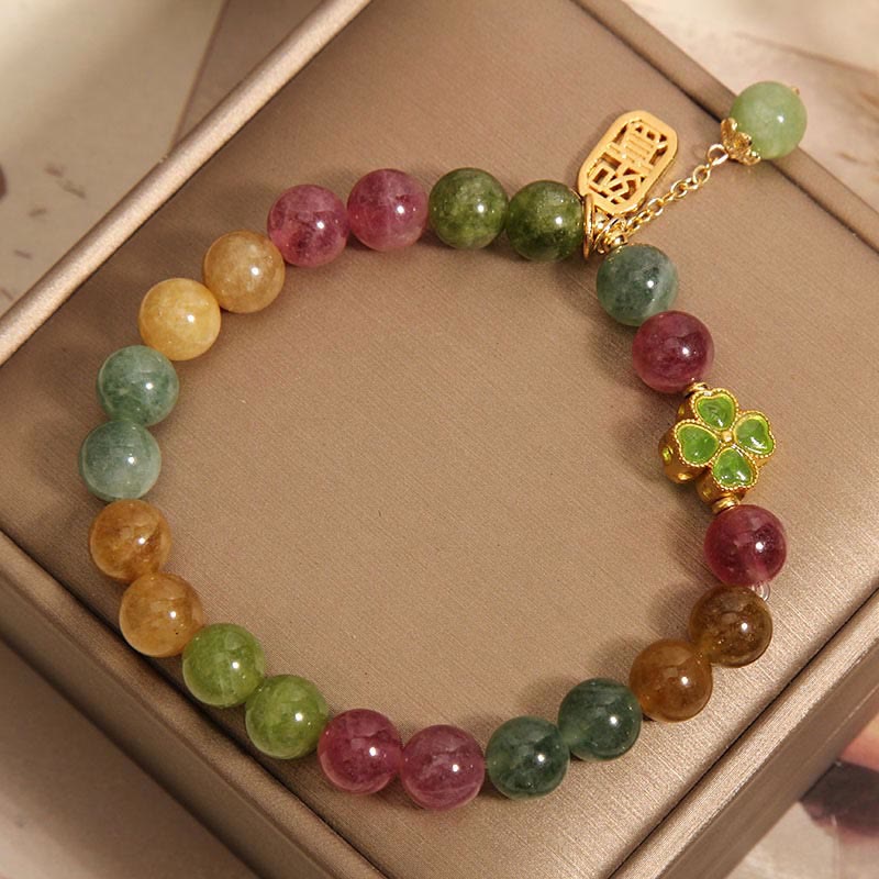 Pulsera Positiva de Trébol de Cuatro Hojas de Jade Turmalina de Colores y Piedras de Buda