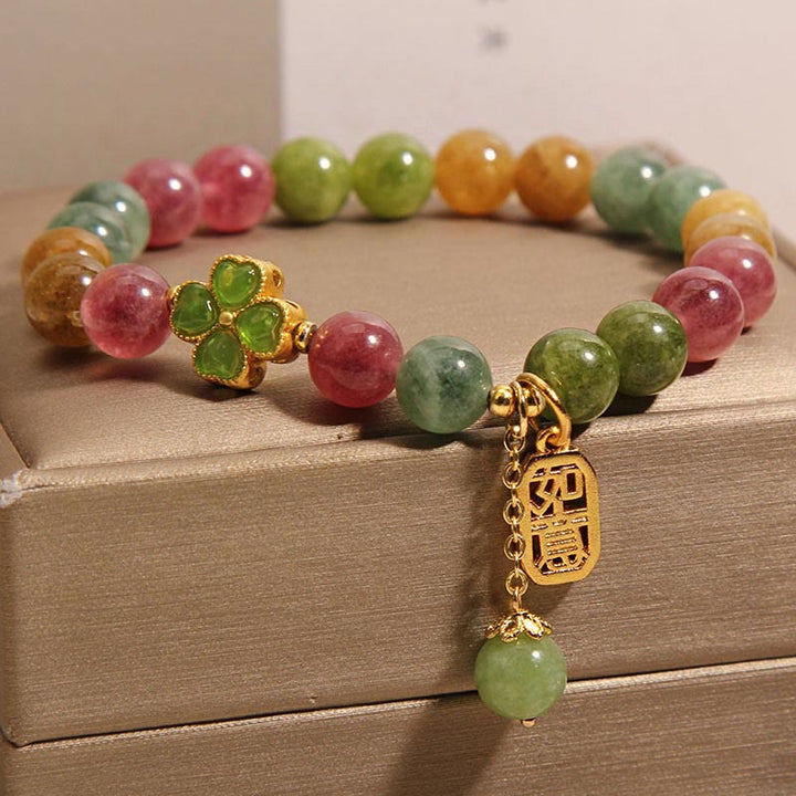 Pulsera Positiva de Trébol de Cuatro Hojas de Jade Turmalina de Colores y Piedras de Buda