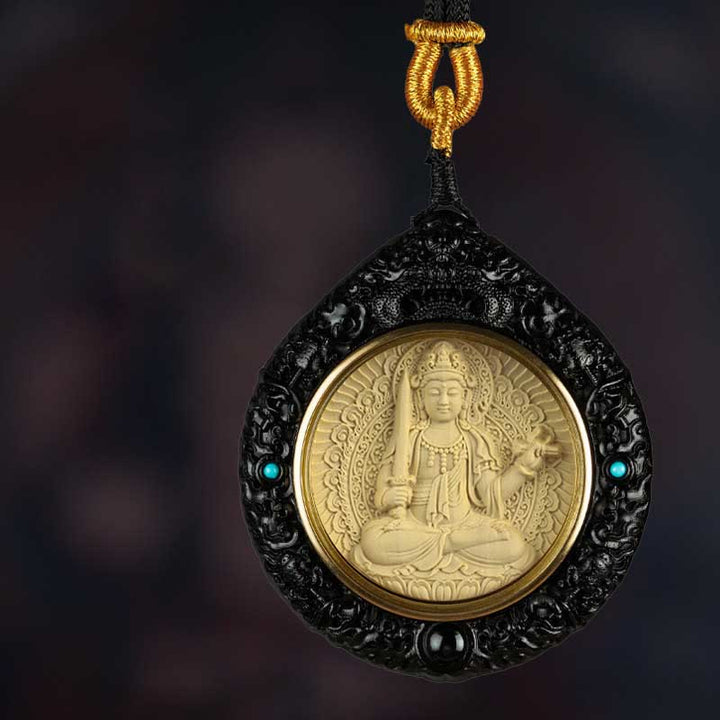 Buddha Stones Chinese Zodiac Natal Buddha Small Leaf Red Sandalwood Ebony Longevity Necklace Pendant  - Bodhisattva Conejo-Manjushri - Ébano - image 3