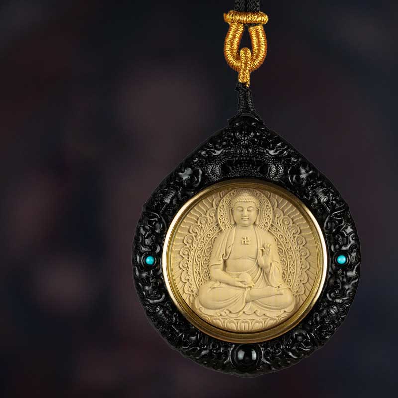 Buddha Stones Chinese Zodiac Natal Buddha Small Leaf Red Sandalwood Ebony Longevity Necklace Pendant  - Perro/Cerdo-Buda Amitabha - Ébano - image 5