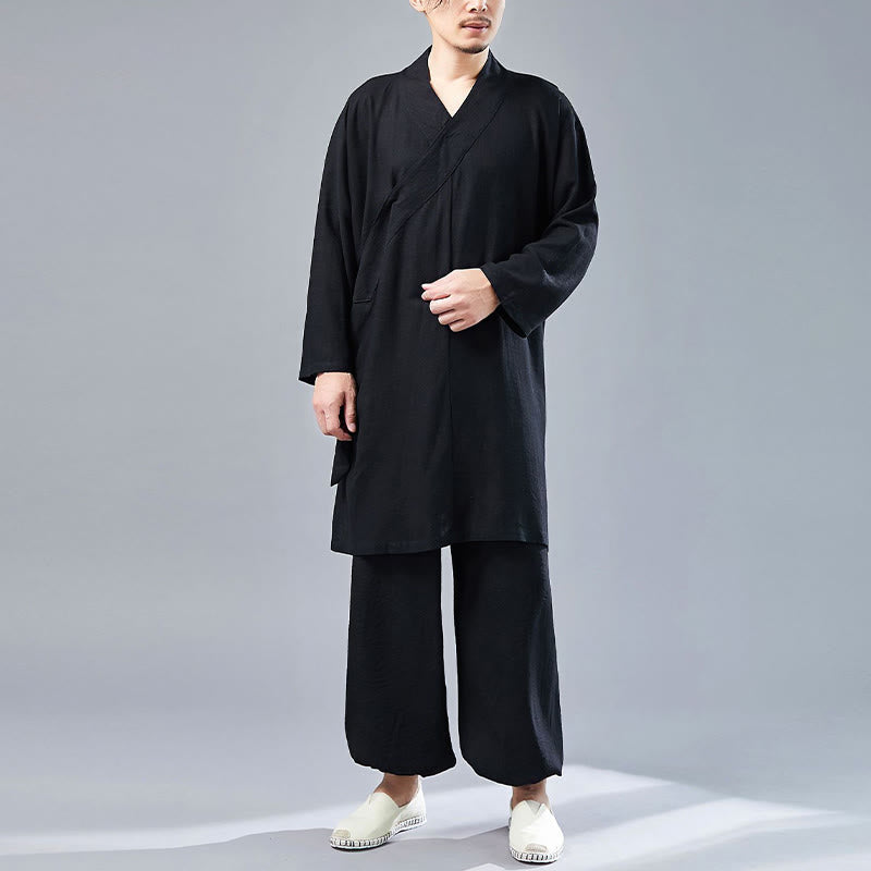 Juego de ropa de meditación Zen Tai Chi de algodón y lino, camisa de hombre de manga larga con cuello en V y pantalones, 2 piezas - Negro - US/UK/AU42, UE52 (XL)  - image 21